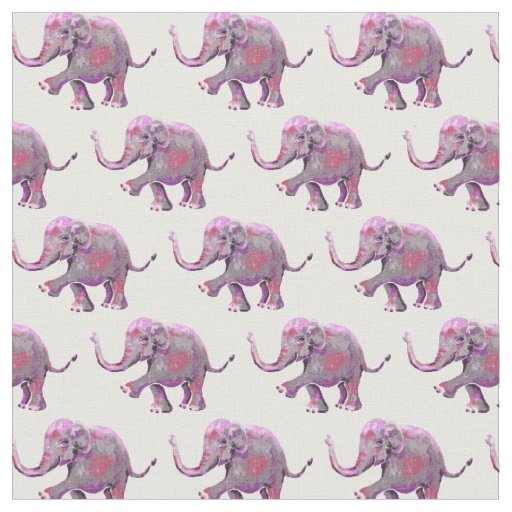 Cute Painted Pink Baby Elephant Pattern on White Fabric