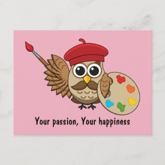 Cute Painter Owl Cartoon | Add own Text Holiday Postcard