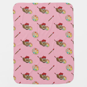 Cute Painter Owl Cartoon Baby Blanket