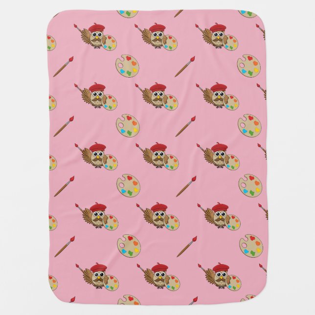 Cute Painter Owl Cartoon Baby Blanket (Front)