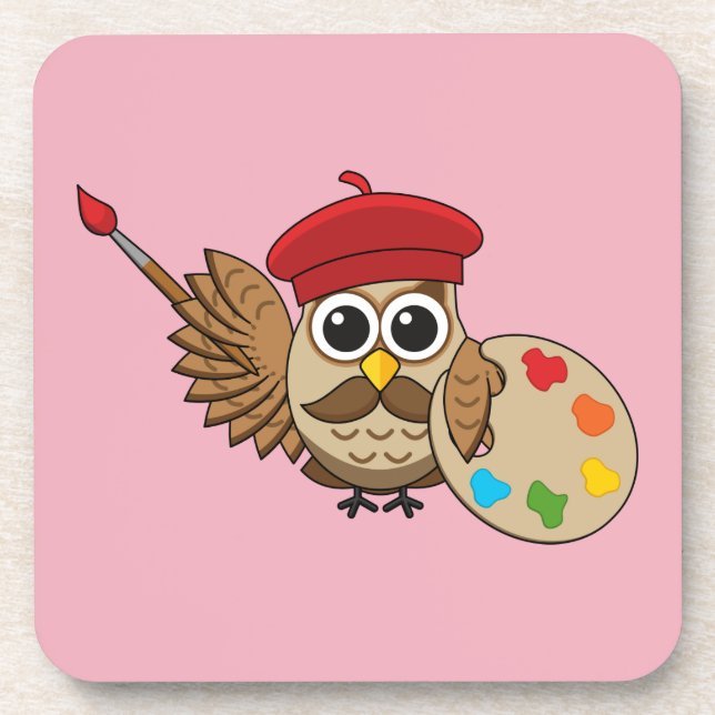 Cute Painter Owl Cartoon Beverage Coaster (Front)