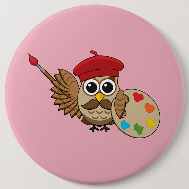 Cute Painter Owl Cartoon Button (Front)