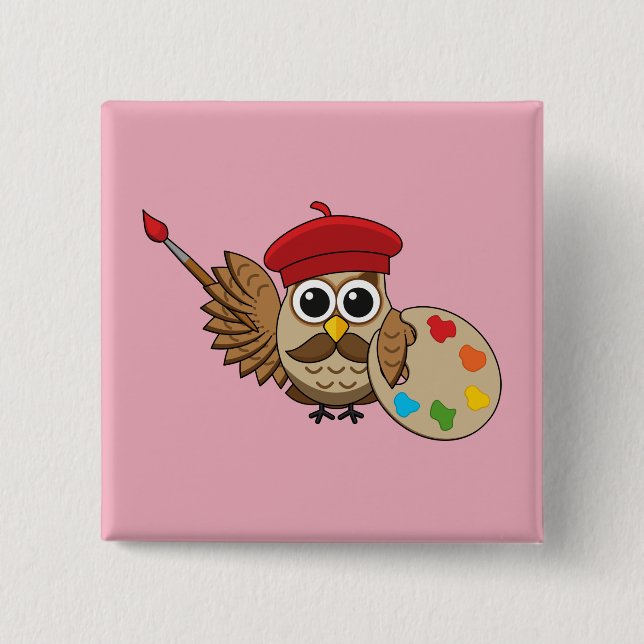 Cute Painter Owl Cartoon Button (Front)