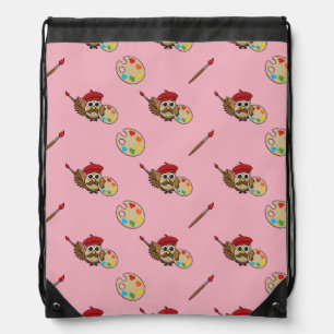 Cute Painter Owl Cartoon Drawstring Bag