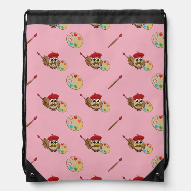 Cute Painter Owl Cartoon Drawstring Bag (Front)