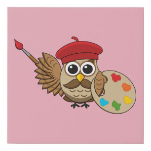 Cute Painter Owl Cartoon Faux Canvas Print