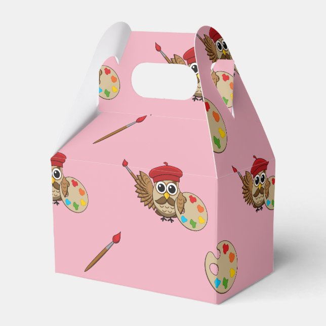 Cute Painter Owl Cartoon Favor Boxes (Front Side)