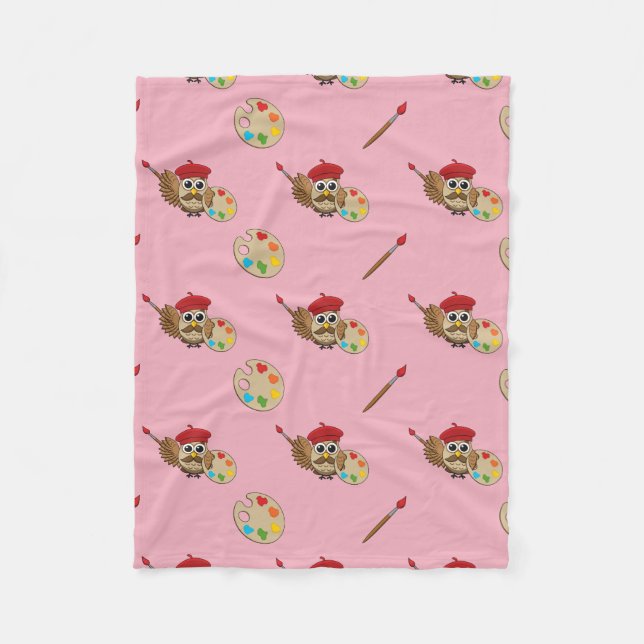 Cute Painter Owl Cartoon Fleece Blanket (Front)