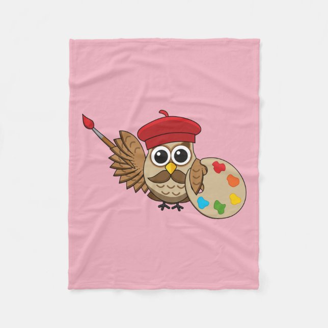 Cute Painter Owl Cartoon Fleece Blanket (Front)