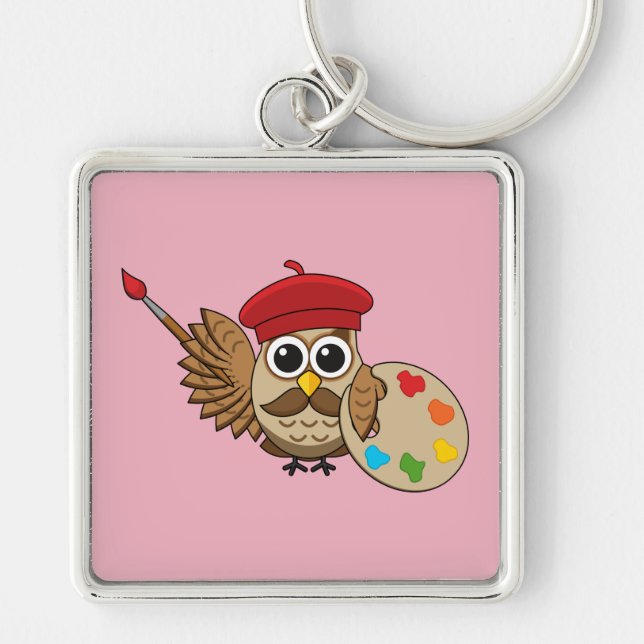 Cute Painter Owl Cartoon Keychain (Front)