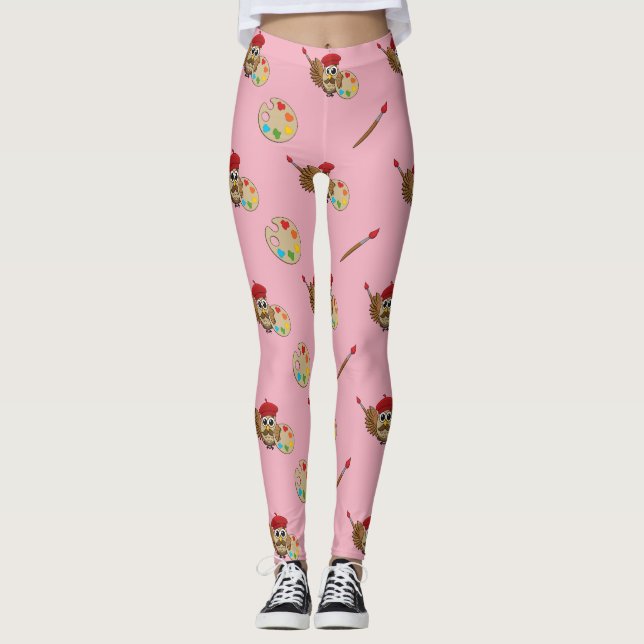 Cute Painter Owl Cartoon Leggings (Front)