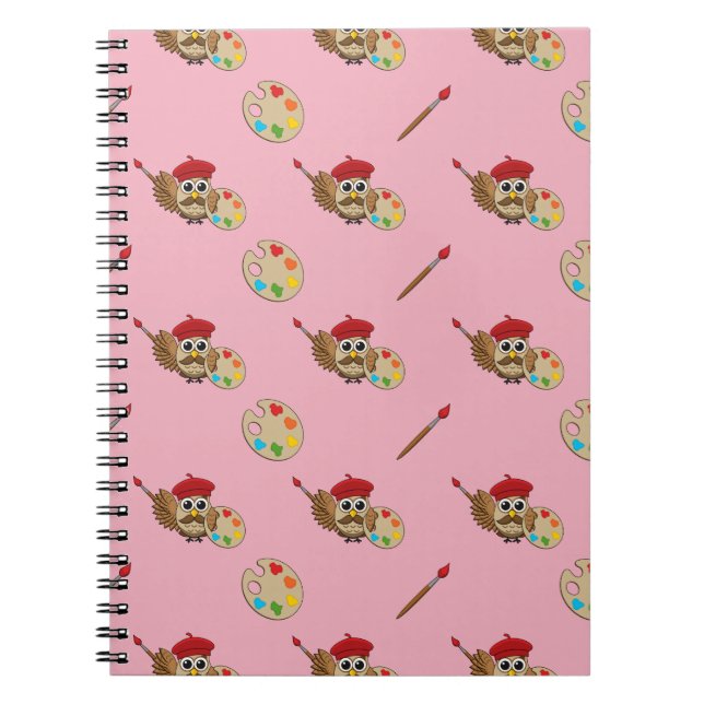 Cute Painter Owl Cartoon Notebook (Front)