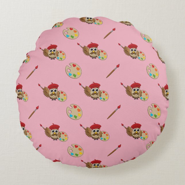 Cute Painter Owl Cartoon Round Pillow (Front)
