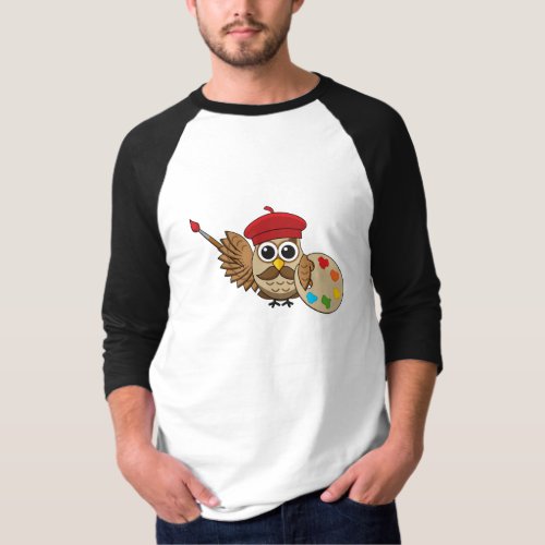 Cute Painter Owl Cartoon T_Shirt