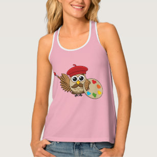 Cute Painter Owl Cartoon Tank Top