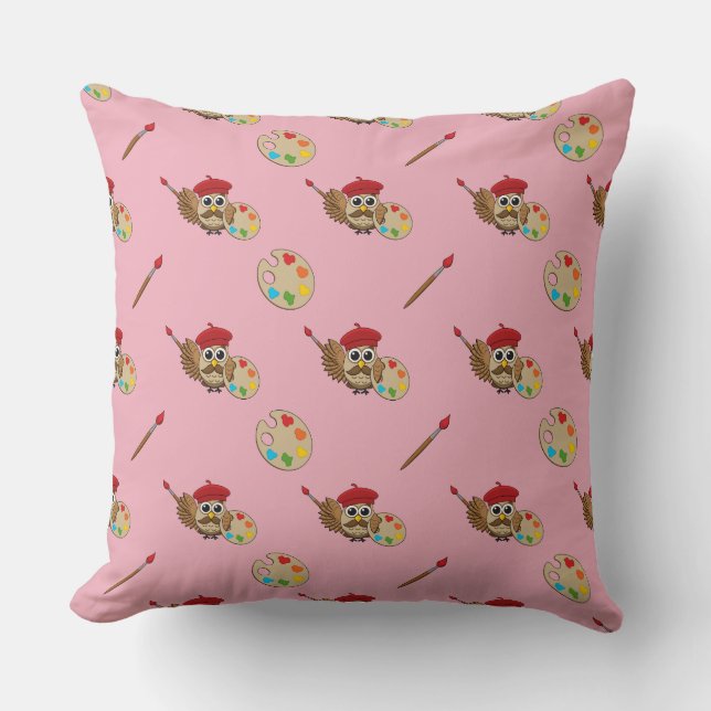 Cute Painter Owl Cartoon Throw Pillow (Front)