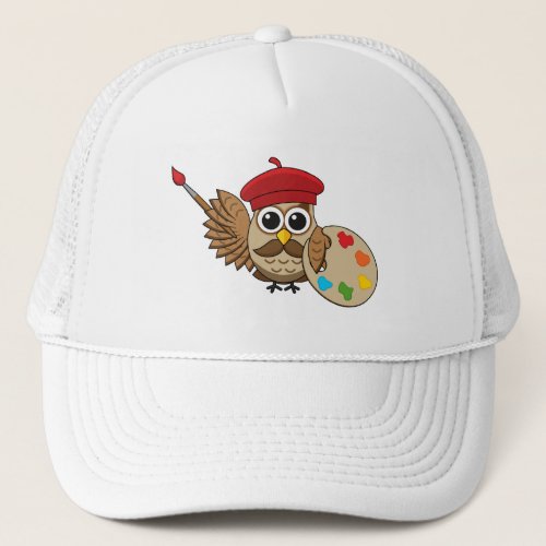 Cute Painter Owl Cartoon Trucker Hat
