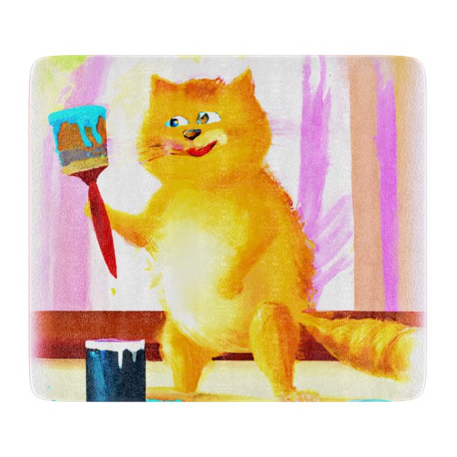 Cute Painting Of A Cat Holding A Brush. Buy Now Cutting Board (Front)