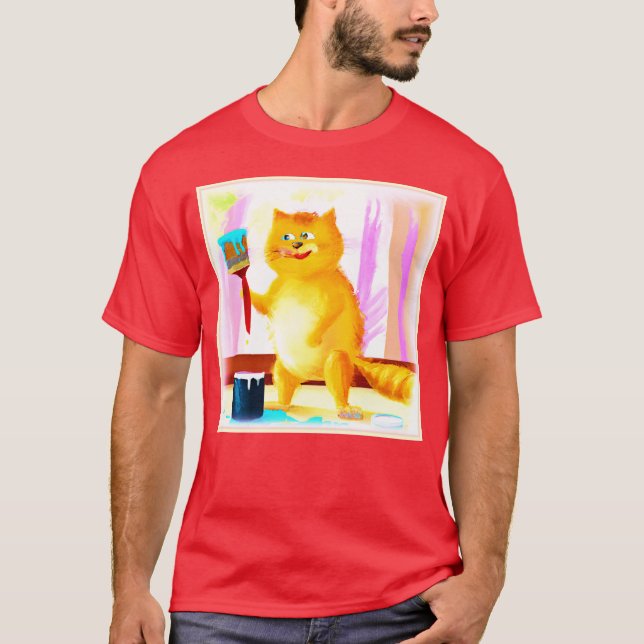Cute Painting Of A Cat Holding A Brush. Buy Now T-Shirt (Front)