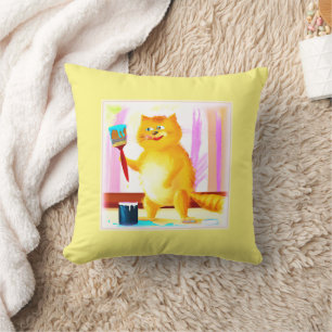 Cute Painting Of A Cat Holding A Brush. Buy Now Throw Pillow