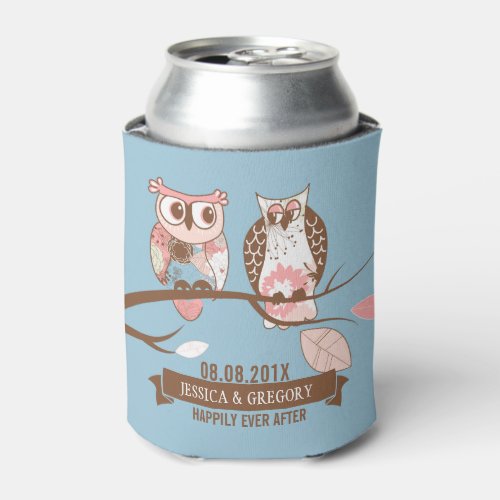 Cute Pair Of Owls In Brown And Pink Can Cooler