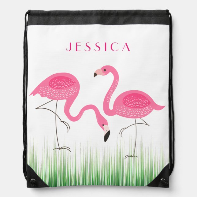 Cute Pair Of Pink Flamingos Illustration Drawstring Bag (Front)