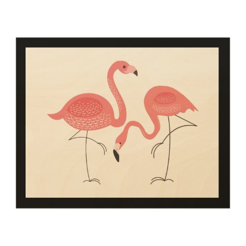 Cute Pair Of Pink Flamingos With Black Frame Wood Wall Art