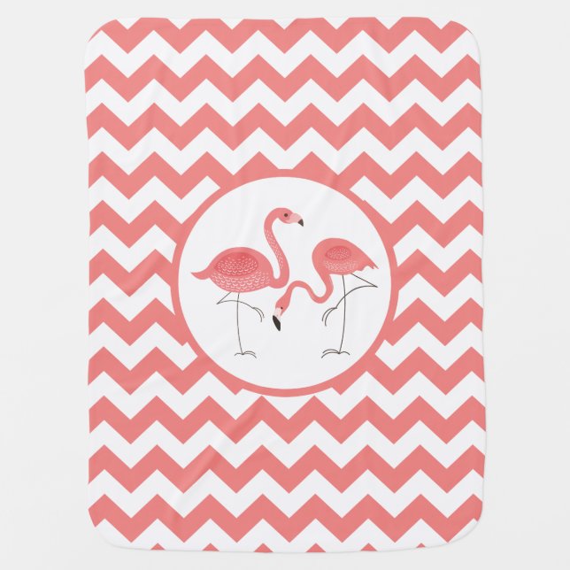 Cute Pair Of Pink Flamingos With Chevron Baby Blanket (Front)