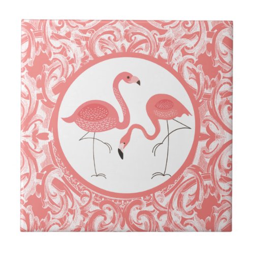 Cute Pair Of Pink Flamingos With Swirls Ceramic Tile