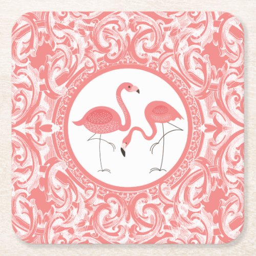 Cute Pair Of Pink Flamingos With Swirls Square Paper Coaster