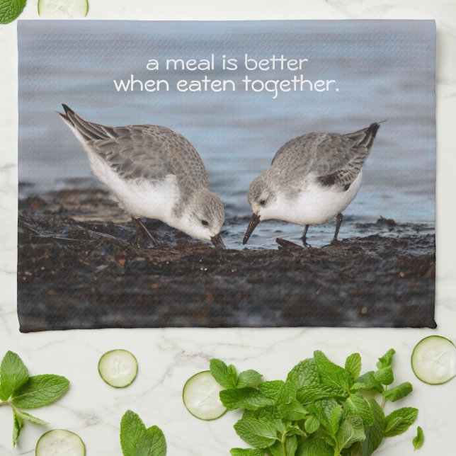 Cute Pair of Sanderlings Sandpipers Shares a Meal Kitchen Towel (Folded)