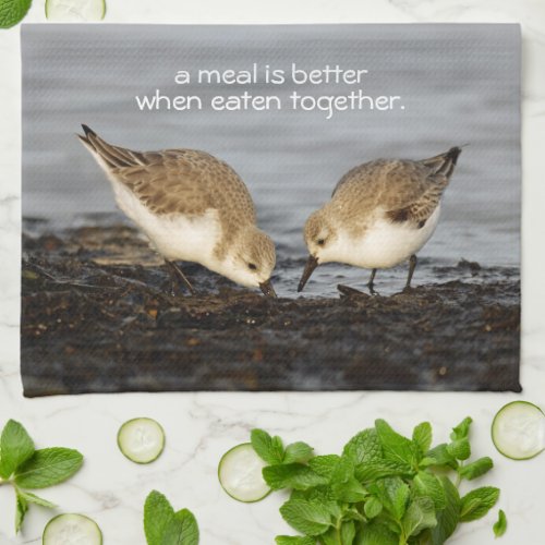 Cute Pair of Sanderlings Sandpipers Shares a Meal Kitchen Towel