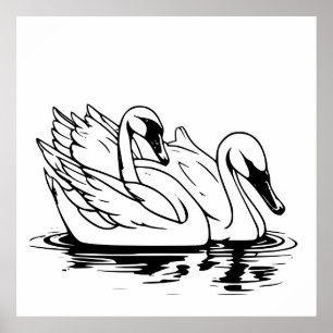 Cute Pair Of White Swan Line Art Poster