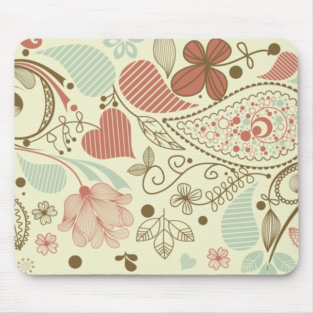 Cute Paisley Hearts & Flowers Retro Floral Mouse Pad (Front)