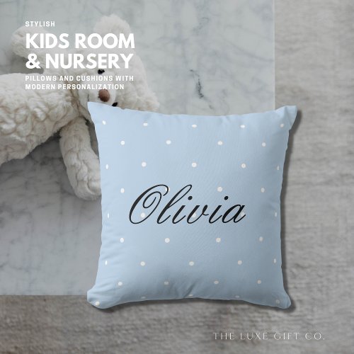 Cute Pale Blue Polka Dot Script Name Pillow