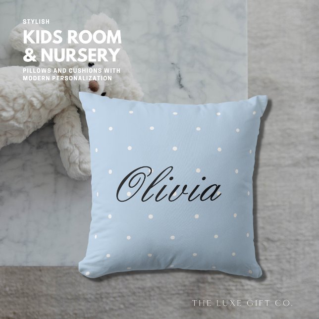 Cute Pale Blue Polka Dot Script Name Pillow (Creator Uploaded)
