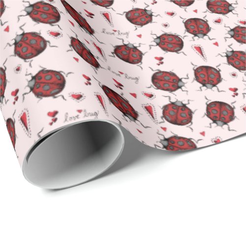 Cute Pale Blush Pink Ladybug Love Bug  Red Heart Wrapping Paper