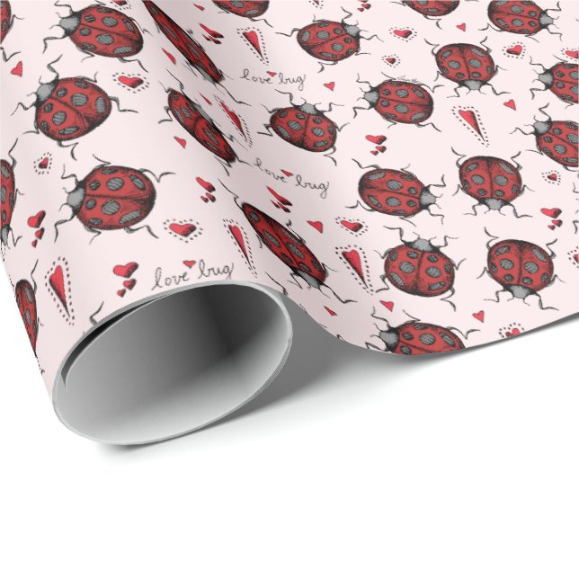 Cute Pale Blush Pink Ladybug Love Bug & Red Heart Wrapping Paper (Roll Corner)