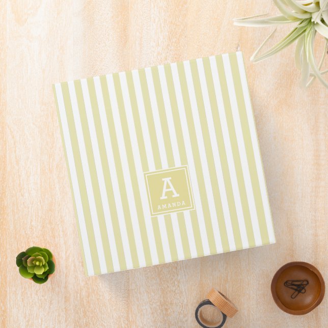 Cute Pale Goldenrod Cabana Stripes Monogrammed 3 Ring Binder (In Situ)