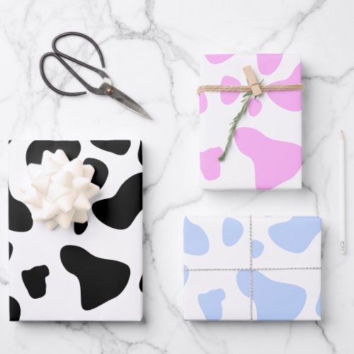Cute Pale Pink Blue Black Cow Print Set of Wrapping Paper Sheets