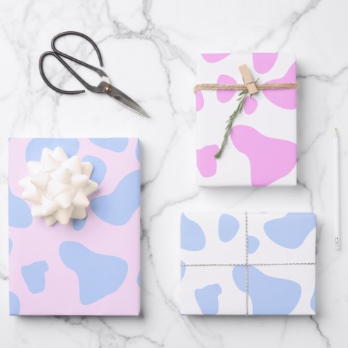 Cute Pale Pink Blue Gender Reveal Cow Print Set of Wrapping Paper Sheets