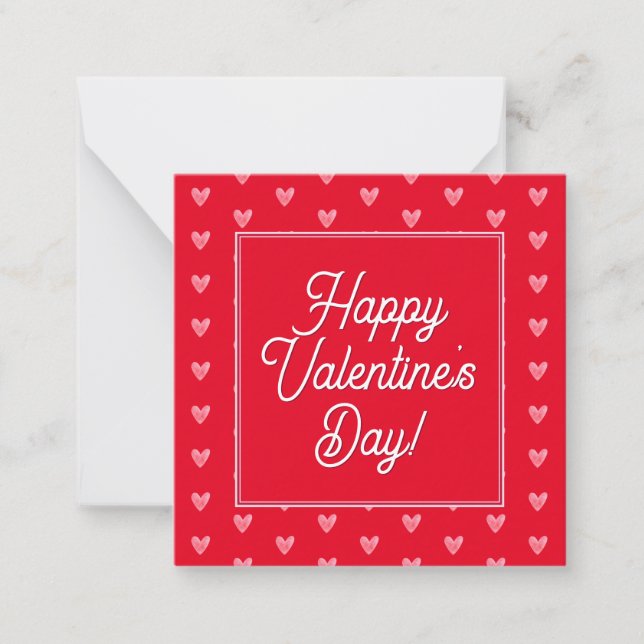 Cute Pale Watercolor Hearts Pattern on Red Note Card (Front)