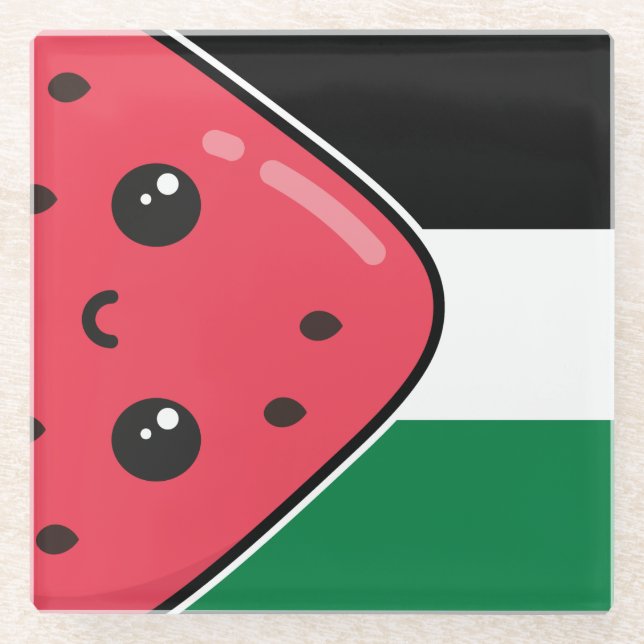 Cute Palestine flag with watermelon-Free Palestin  Glass Coaster (Front)