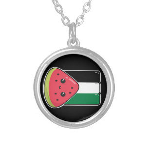 Cute Palestine flag with watermelon-Free Palestin Silver Plated Necklace