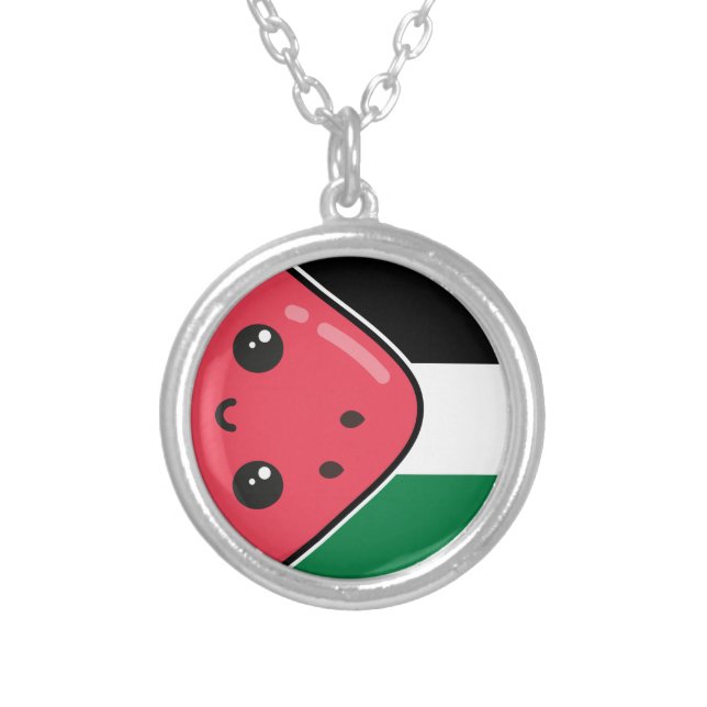 Cute Palestine flag with watermelon-Free Palestin  Silver Plated Necklace (Front)