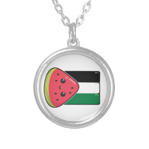 Cute Palestine flag with watermelon-Free Palestin Silver Plated Necklace