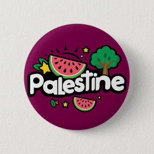 Cute Palestine word surrounded by watermelons tree Button