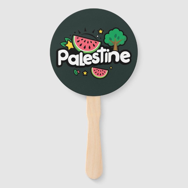 Cute Palestine word surrounded by watermelons tree Hand Fan (Front)