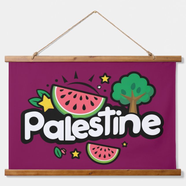 Cute Palestine word surrounded by watermelons tree Hanging Tapestry (Front)