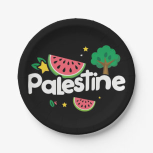 Cute Palestine word surrounded by watermelons tree Paper Plates